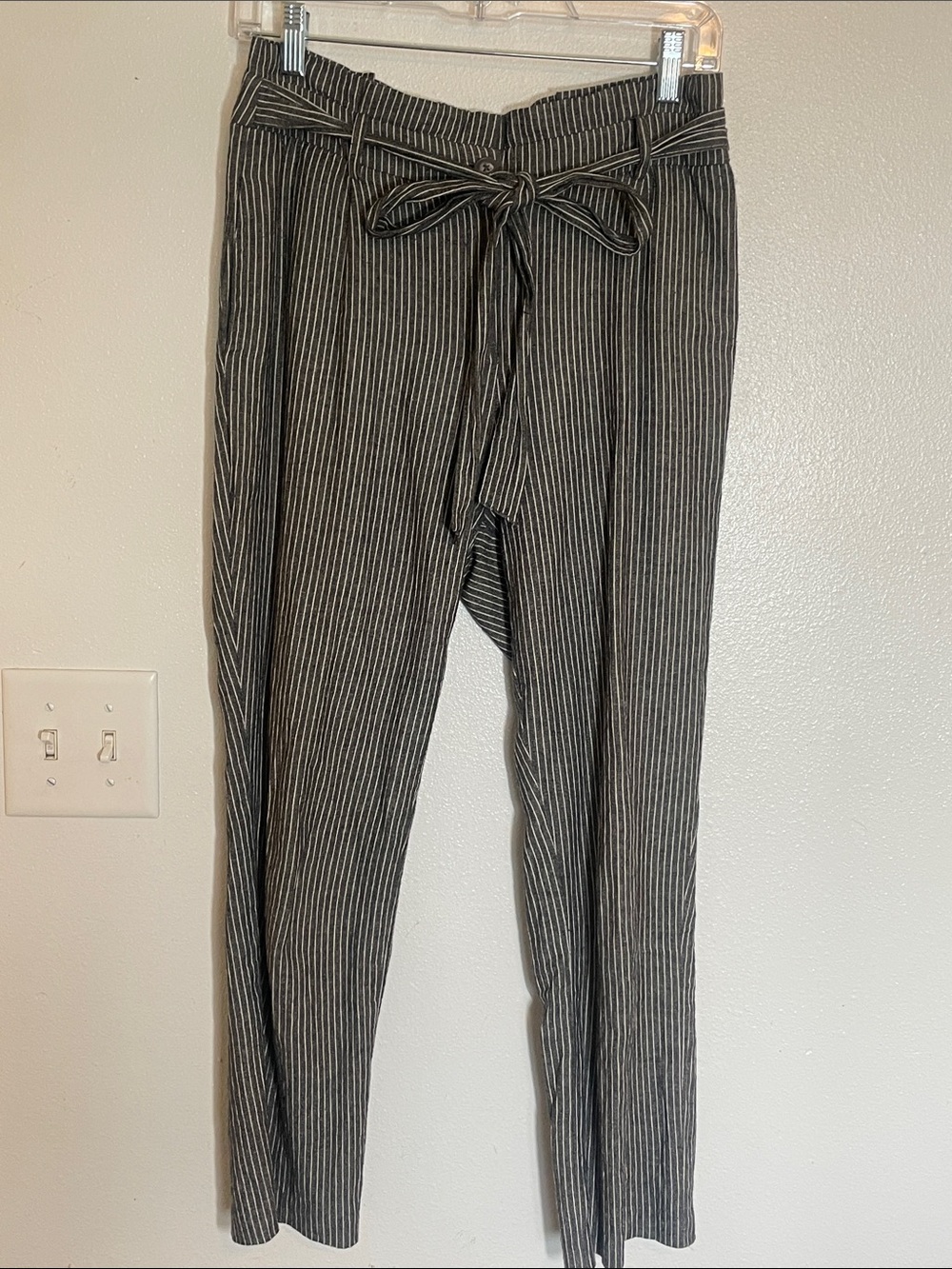Women's Black Pinstripe Paperbag Waist Trousers with Tie